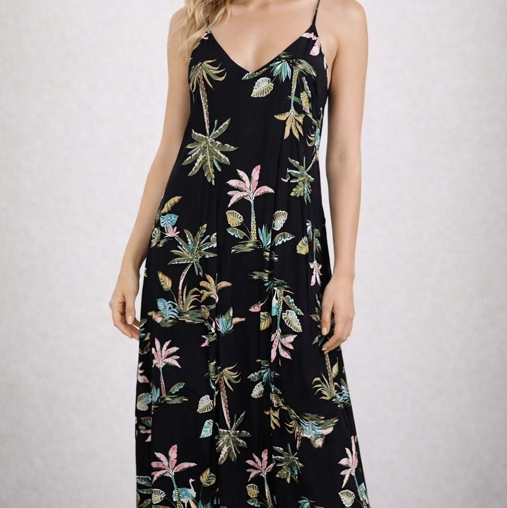 Old Navy Black Tropical Print Maxi Sundress Sz L Resortwear Beach Cruise Wedding
